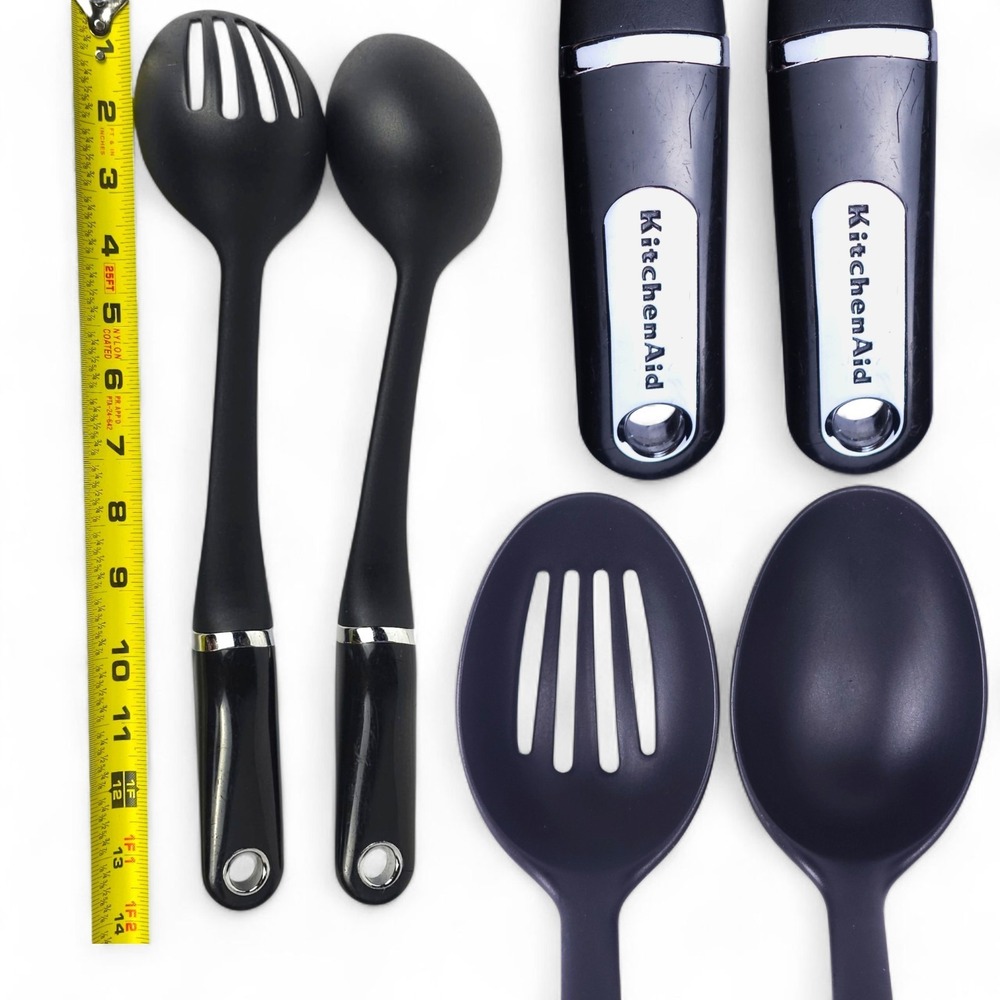 2x KitchenAid Classic Black Utensil Set Slotted & Solid Basting Spoon Chrome